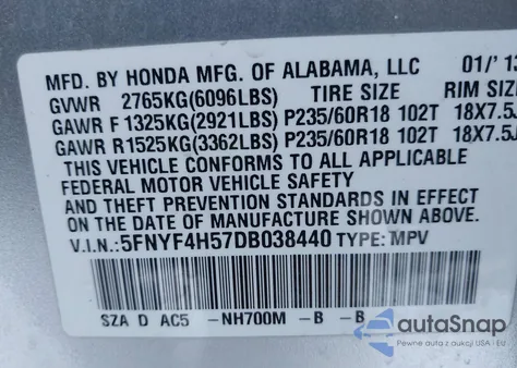 2013 Honda Pilot Ex-L из США, поврежденный, VIN 5FNYF4H57DB038440